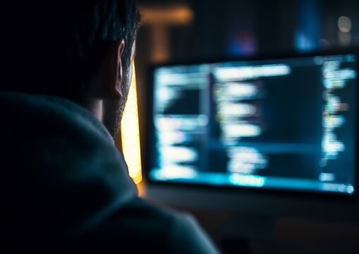 Tight cinematic over shoulder view of programmer focusing code blurred foreground element glowing screen light shallow depth behind dark or softly lit workspace camera behind subject no face visible