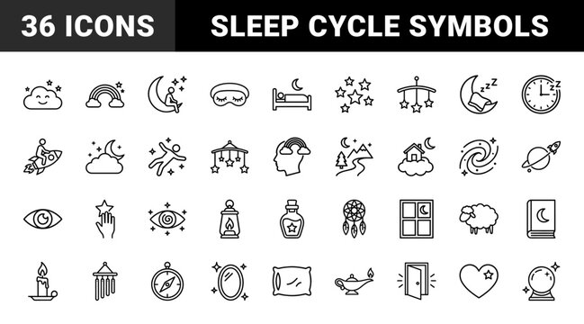 Dream and sleep line icon set for subconscious and bedtime themes