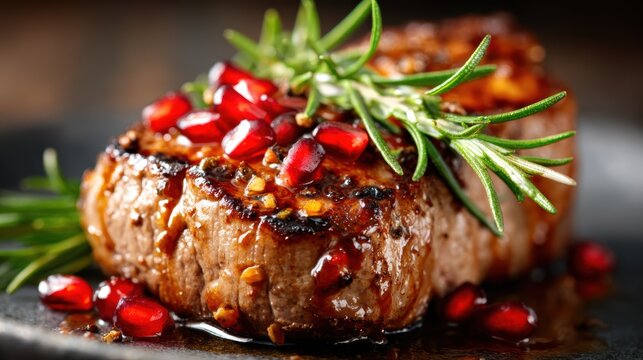 A grilled gourmet steak topped with pomegranate seeds and rosemary offers a visually appealing dish, showcasing culinary artistry and indulgent flavors to tantalize the palate.