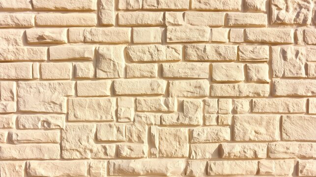 Beige stone wall with irregular textured bricks arranged in a staggered pattern, showing natural stone details and rough surfaces.