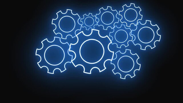 Cluster of blue neon glowing gear symbols interlocked on dark background. Gear symbols concept. Gear symbols process and workflow system.