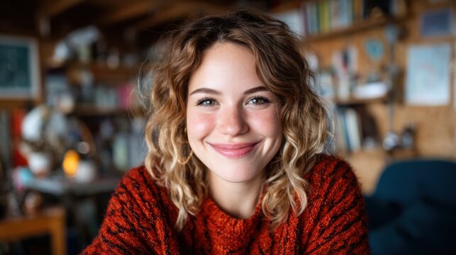 A delightful smile from a young woman in a chunky sweater, seated in a cozy, well-decorated space, exuding warmth, comfort, and inviting vibes for a perfect home atmosphere.