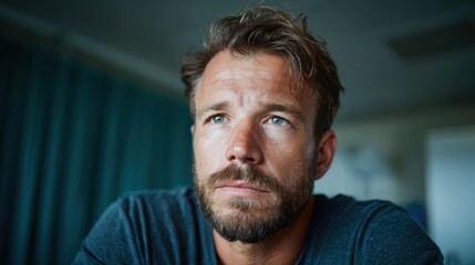 Fototapeta premium The image captures a pensive man with a beard and striking blue eyes. His expression evokes deep thought, conveying a sense of introspection and emotional depth.