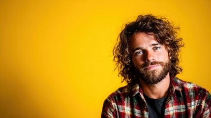 Obraz premium A charming young man with curly hair and a beard smiles softly against a bright yellow background, capturing warmth and positivity in a vibrant portrait.