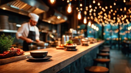 Fototapeta premium A busy chef focuses intently on preparing gourmet dishes in a well-lit, bustling restaurant kitchen, showcasing the artistry and dedication behind culinary excellence.