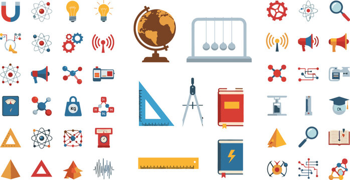 Science Education Icons Collection with Physics Chemistry Biology and Laboratory Symbols Set for School Learning Vector Illustration