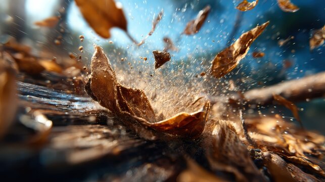 An energetic shot of leaves bursting into the air, capturing the essence of autumn's transformative beauty and the transient nature of life and seasons in vivid detail.