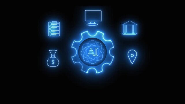 Artificial intelligence gear with financial and business icons on black. AI gear concept. AI gear automation system integration.