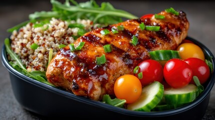 Fototapeta premium A deliciously styled lunch consisting of grilled chicken breast, vibrant cherry tomatoes, quinoa, and fresh greens, presented beautifully in a sleek black dish.