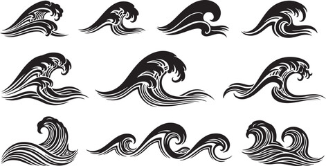 Fototapeta premium Set of black and white wave illustrations on white