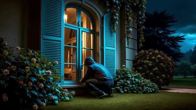 A man crouches down to look out of a window at night