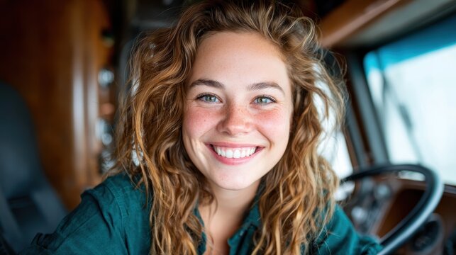 A joyful young woman smiling warmly in a cozy vehicle interior, capturing a moment of happiness and contentment amidst a casual and inviting atmosphere.