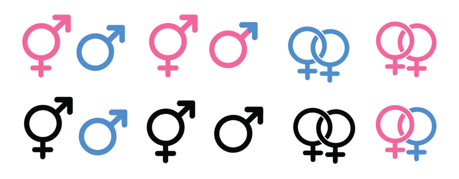 Gender icons set, gender symbols collection, male and female signs of gender equality, vector illustration including gay, lesbian, bisexual, transgender, and hetero symbols, representing diversity, 