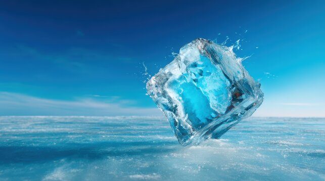 A pristine crystal clear ice block glistening against a tranquil blue icy surface, eliciting a sense of cold beauty and nature&rsquo;s simplicity in winter landscapes.