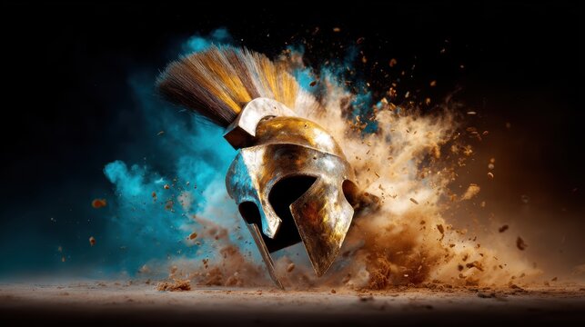 A dramatic depiction of a classic Spartan helmet amidst a burst of colorful smoke and debris, symbolizing strength, courage, and valiant spirit in a striking artistic representation.