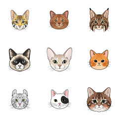 Fototapeta premium Set of Various Cartoon Cat Breed Face Icons Isolated on White Background
