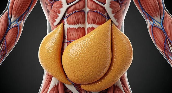 Anatomical illustration showing the visceral fat deposits surrounding the abdominal organs of a human body.