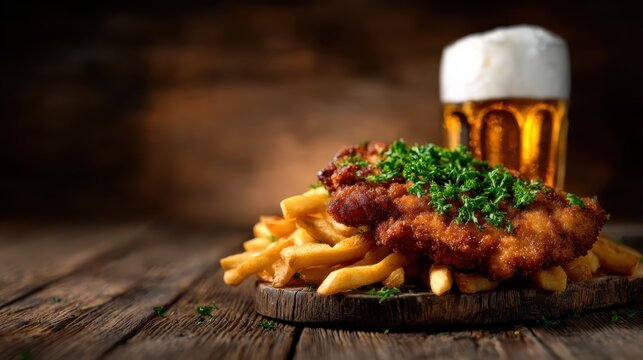 A mouthwatering plate of crispy fried chicken served atop golden fries, paired with a refreshing beer, creating an inviting and hearty meal worthy of sharing and enjoyment.