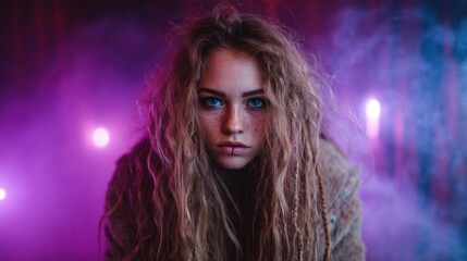 Fototapeta premium An intense, expressive portrait of a young woman surrounded by vibrant colored lights, symbolizing strength, individuality, and artistic expression in a modern, urban environment.