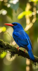 Naklejka premium Vibrant Blue Bird Perched on a Branch in Lush Forest.