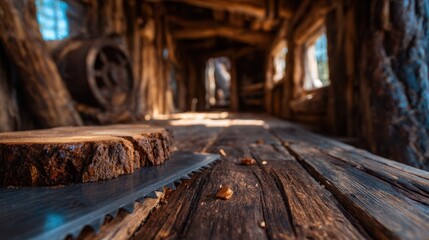 Fototapeta premium A crafted wooden table showcasing a rustic saw emphasizes craftsmanship and the beauty of manual work in creating art, evoking feelings of nostalgia and tradition.