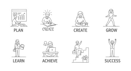 Fototapeta premium Business success icons, entrepreneurship symbols, growth and achievement concepts, vector illustrations