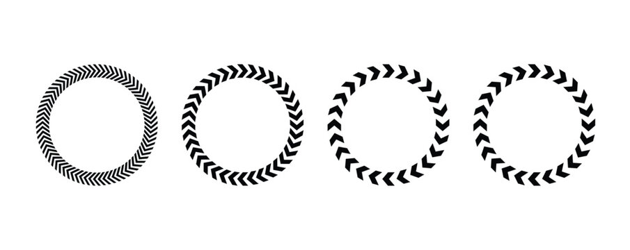 Chevron arrow circle frame set. Circular directional arrow border collection. Abstract geometric wreath arrow design. Modern round arrow pattern elements