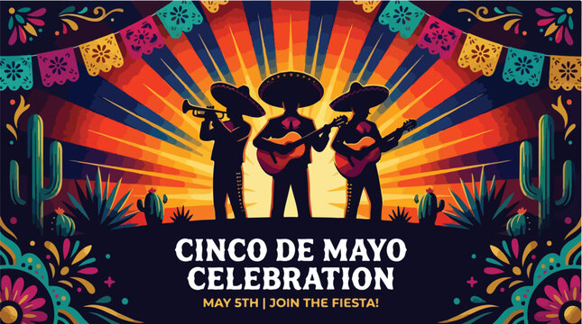 Vibrant Cinco de Mayo Celebration Illustration Featuring Mariachi Musicians and Festive Mexican Decorations with Cacti and Sunburst Background