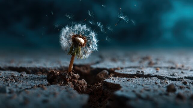 A resilient dandelion stands tall, blooming from cracked earth as seeds disperse, symbolizing hope and tenacity in harsh environments, representing nature's persistence and beauty.