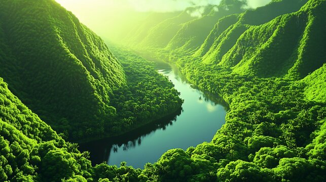 Lush River Valley Sunrise, Tropical Jungle, Aerial View