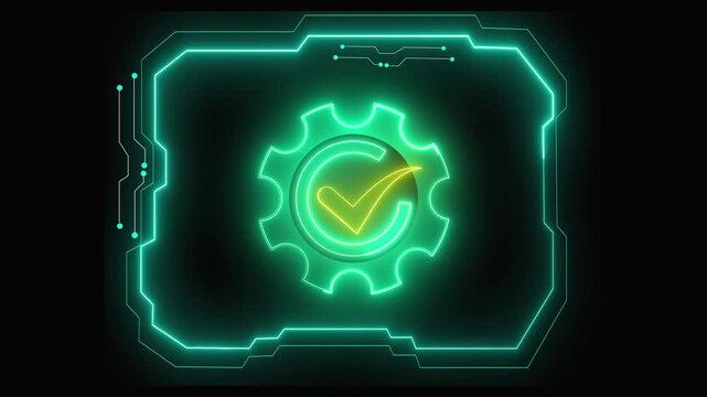 Futuristic holographic interface with glowing gear and checkmark. Holographic interface concept. Holographic interface validation display.