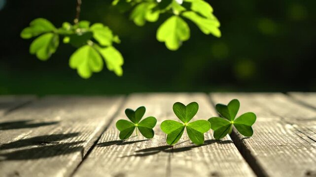 Shamrock clovers on wood table.