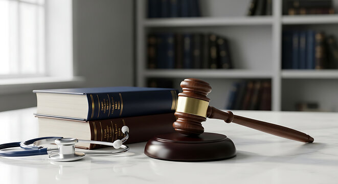 A gavel and stethoscope rest on a desk next to law books, symbolizing the intersection of law and medicine.