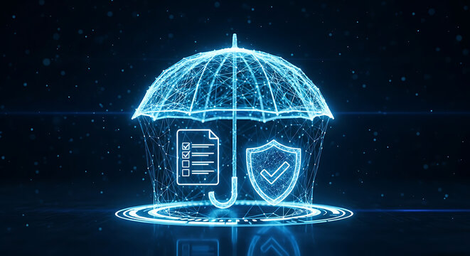 Digital representation of an umbrella protecting a checklist and a shield, symbolizing security and protection in a technological context.