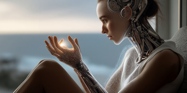 Cyborg female examines radiant objects by seaside during sunset with contemplative mood