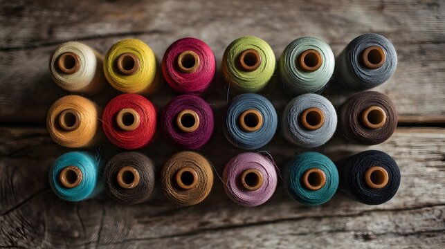Colorful thread spools arranged in rows on rustic wooden table.