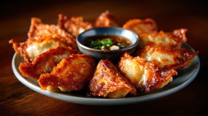 Fototapeta premium A vibrant plate of golden-brown dumplings served with a rich dipping sauce, showcasing the perfect crispy texture and tempting appearance of this delightful dish.