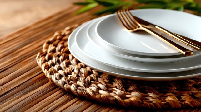 An elegant arrangement of white dinnerware set on a textured woven placemat, perfect for showcasing refined dining aesthetics or modern table settings in lifestyle photography.