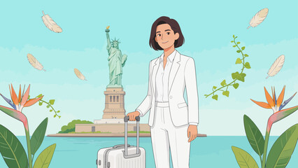 Woman with suitcase near statue © Canis