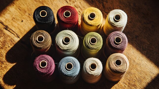 Colorful thread spools arranged in rows on rustic wooden table.