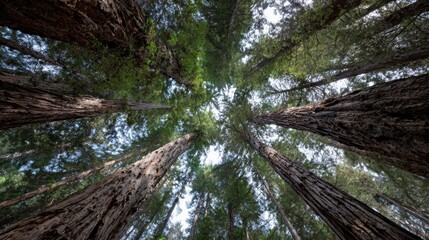 Fototapeta premium Majestic Redwood Trees Towering Against Blue Sky in Forest Canopy