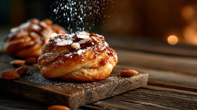Savor these sweet, warm buns topped with caramelized almonds and a sprinkle of powdered sugar, a perfect treat for cozy mornings or afternoon snacks with friends.