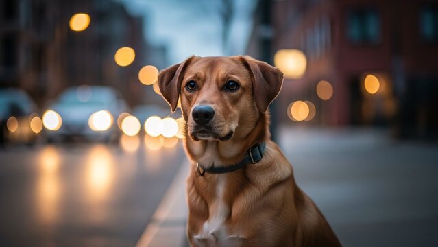 Adorable brown dog with expressive eyes standing on city street at dusk with blurred lights and cars in background for urban pet photography and lifestyle use