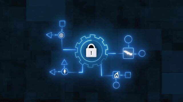 Neon flowchart with locked gear and diverse icons on dark background. Flowchart locked gear concept. Flowchart locked gear secure system.