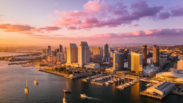 san diego seaport at sunset aerial shot dolly out video
