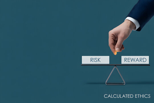 A human hand carefully balances risk and reward on a conceptual seesaw
