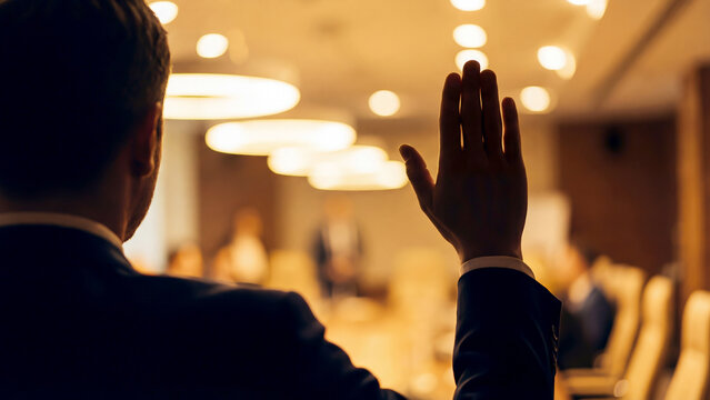 Businessman Raising Hand at Conference Meeting in Warm Light