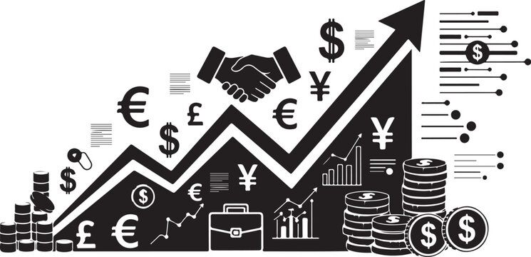 Financial growth concept with currency symbols and handshake agreement