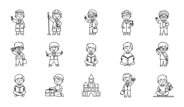 Boys activities line drawing vector kids professions coloring page illustration