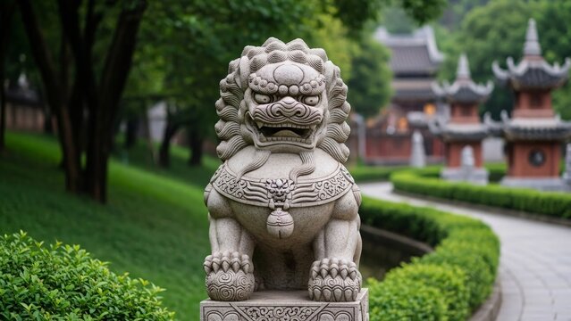 Beautiful stone Chinese guardian lion statue in lush garden with traditional temple background for cultural heritage and outdoor decor